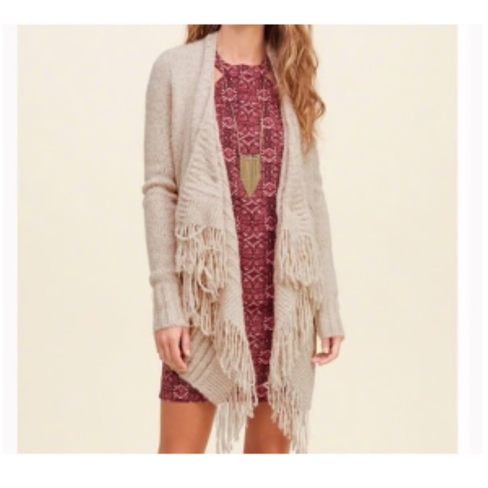Hollister Wool Blend Long Line Cardigan Fringe Waterfall Sweater SMALL